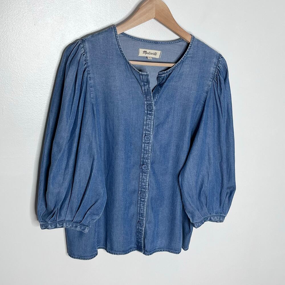 Madewell Denim Puff Sleeve Button Up Chambray Top Size 6 - Picture 4 of 9